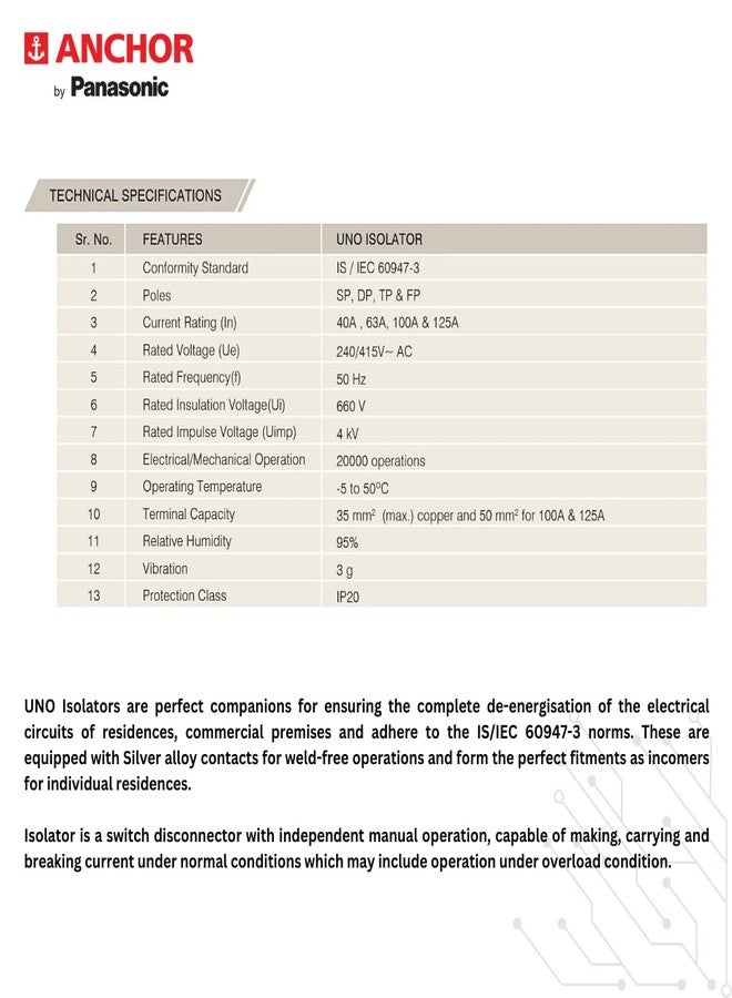 Anchor by Panasonic UNO Polycarbonate Series 63Amps Dual Pole Isolator (White) - Image 5